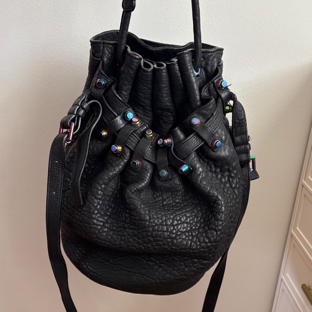 Alexander Wang - Black leather - iridescent rainbow hardware - large Diego